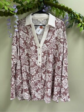 NWT Easel Floral Polo Henley Flowey Longsleeve Summer Botanical, size L